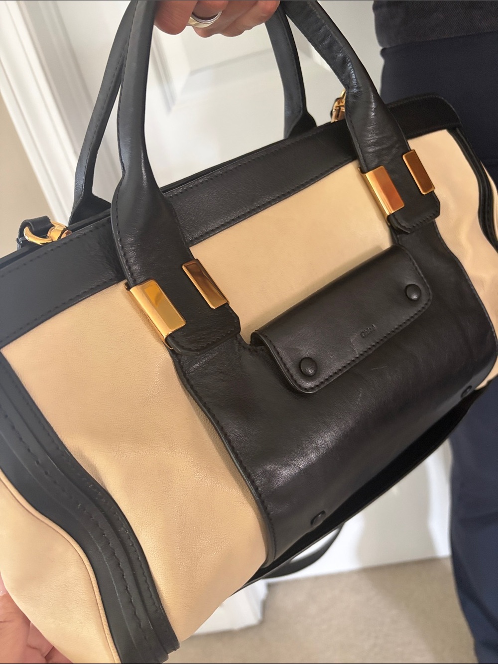 CHLOE - Black and Cream Leather Satchel Bag - Picture 6 of 11